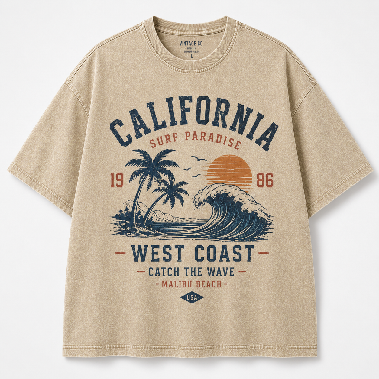California West Coast sand vintage wash oversized surf graphic T-shirt front view cover