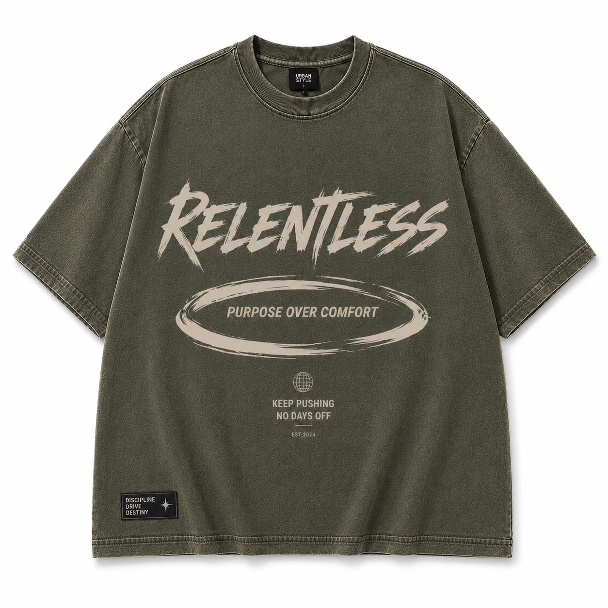 Relentless olive oversized graphic T-shirt front view cover
